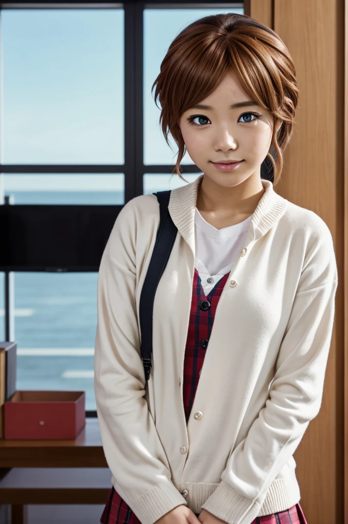 Sayori from doki doki literature club looking at the camera 