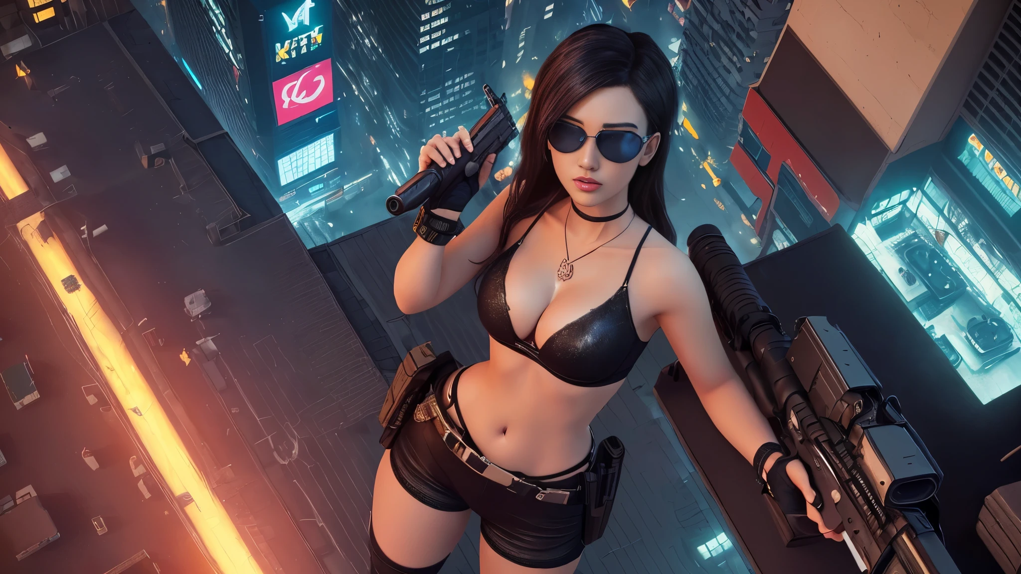 (((at night))), FPS gaming screen view, rooftop, (((high angle view))) of cyberpunk city, unreal engine 5 rendering, (((1Girl, solo))), large breasts, Chest exposed, breast cleavage, wide open ass, slim waist, dynamic seductive pose, ((masterpiece:1.2)), top-quality, official art, detailed CG Unity 8K Wallpapers, artbook, Expressive Hues, Vibrant Palette, B deficiency and white clothes, (((matrix style black micro sunglasses))), (((((aiming with a short gun))))), (((looking at camera))), (((very low view))), (((thigh level medium shot))).