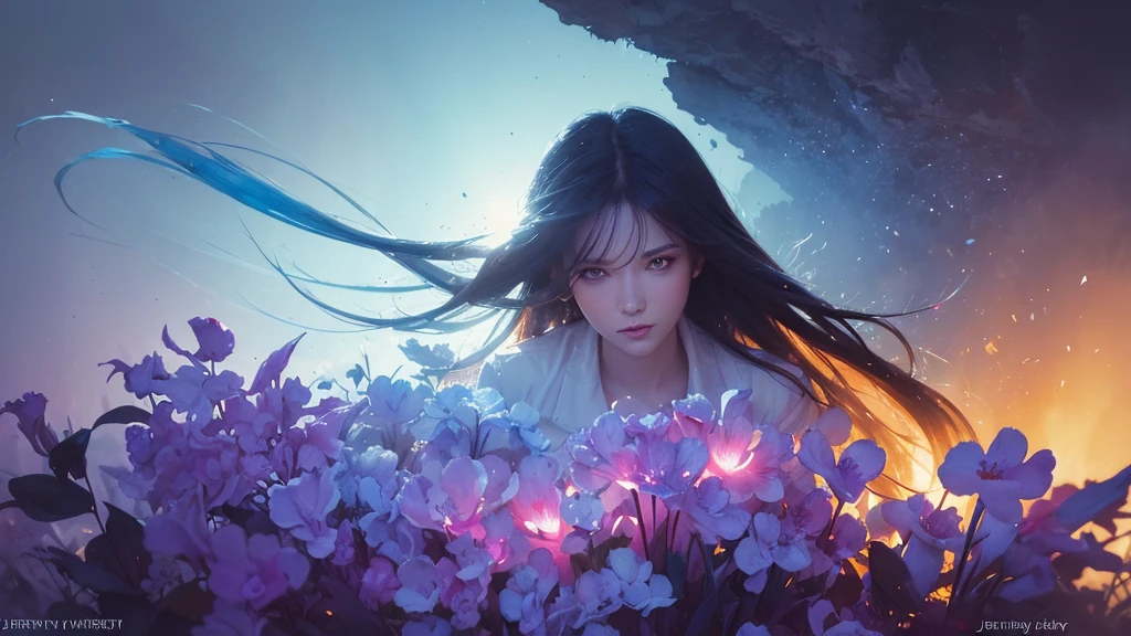 32k, Masterpiece, Highest quality, One girl, Detailed eyes, flower,gladiolus, Light blue and purple style,A dreamy, romantic piece,Pale red, Mysterious Leaves,A playful arrangement,Fantasy,High Contrast,Ink strokes,explosion,Exposure, Impression of light blue and purple tones,Abstract,((Watercolours by John Berkey and Jeremy Mann )) Brush strokes,Negative Space, Tyndall effect,