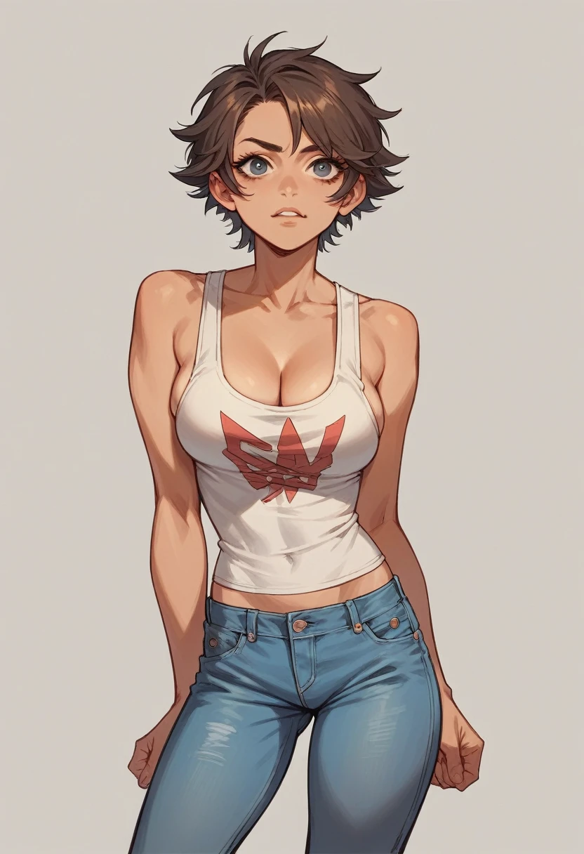 （natural， high resolution：1.3）， 1 girl with a perfect body， Super fine face and eyes.，wide， Random Color Tank Top.：1.2， short jeans， big tits，expose cleavage