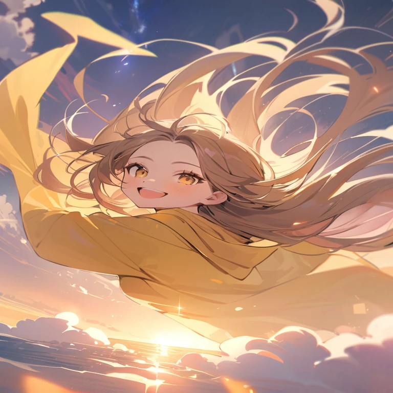 masterpiece, highest quality, movie stills, 1 girl, Cloud Girl, floating in the sky, close, bright, Happy, warm and soft lighting, sunset, (spark:0.7)，((yellow hood)), (((forehead flipped hair)))，(((shoulder length hair)))，happy，smiling，yellow eyes，wind，looking back，((laugh out loud