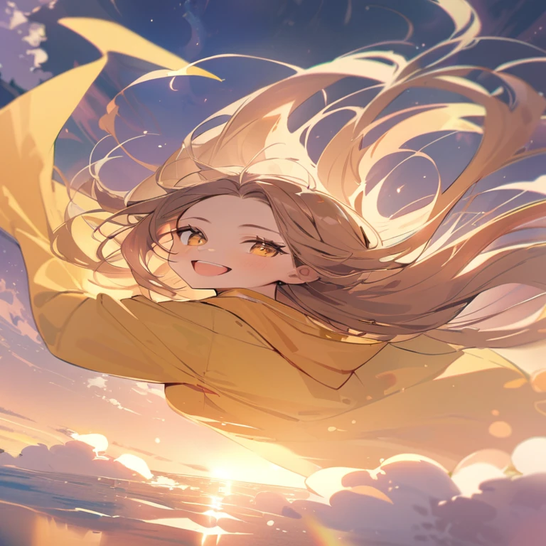 masterpiece, highest quality, movie stills, 1 girl, Cloud Girl, floating in the sky, close, bright, Happy, warm and soft lighting, sunset, (spark:0.7),((yellow hood)), (((forehead flipped hair))),(((shoulder length hair))),happy,smiling,yellow eyes,wind,looking back,((laugh out loud