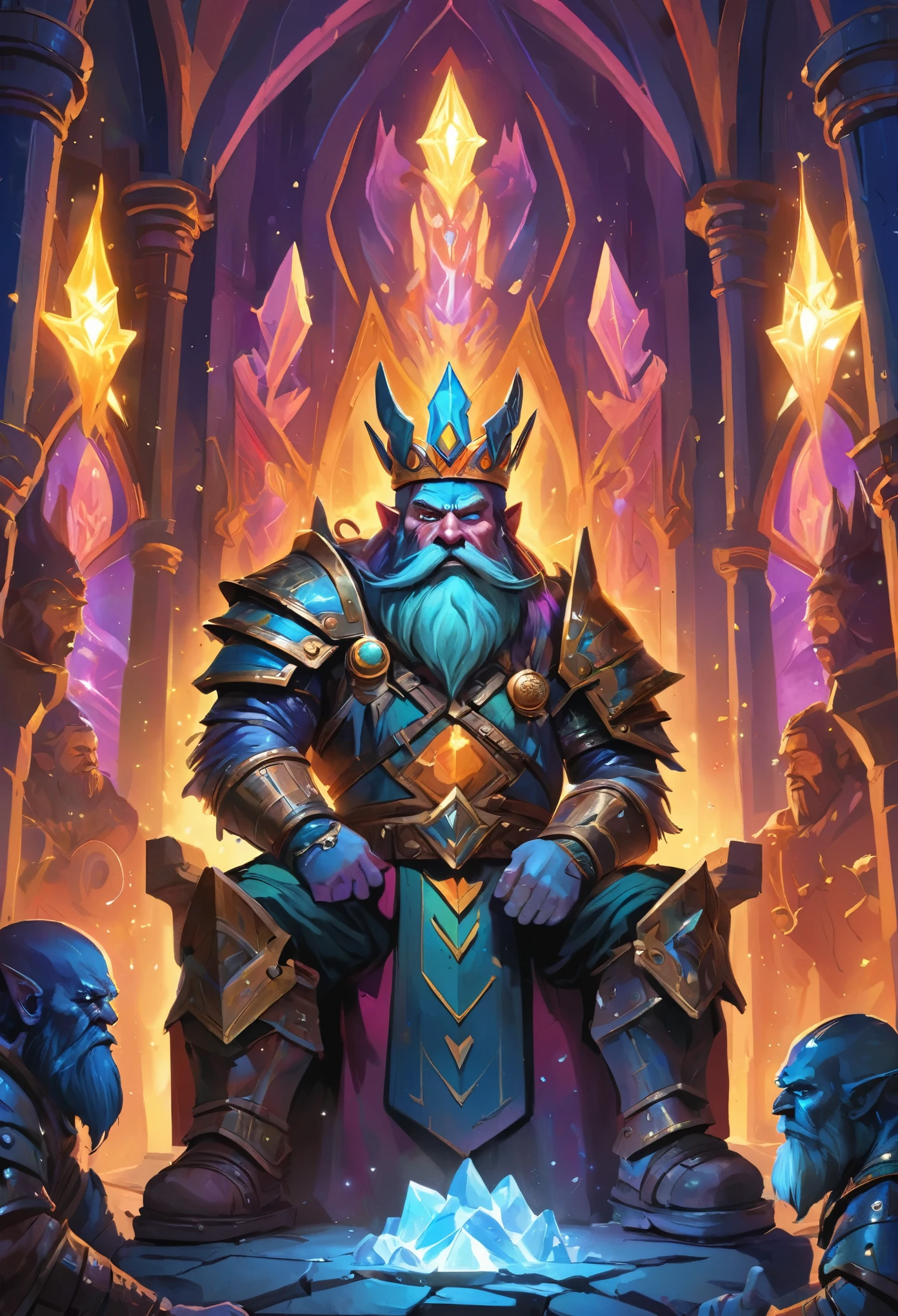 Within the grand hall of a psychedelic dwarf king, the heavy metal dwarves gather for a council. The hall is illuminated by glowing crystals and pulsating lights, reflecting off their multicolored armor. The dwarf king, adorned with a radiant crown and a beard that shifts colors, sits on a throne of electrified metal. Heavy metal music echoes through the hall, adding a powerful, epic vibe to the scene of strategy and camaraderie. , the scene is captured in dimly lit dark fantasy but vibrant colors, with bold ink lines defining form against the watercolor wash of the aged paper