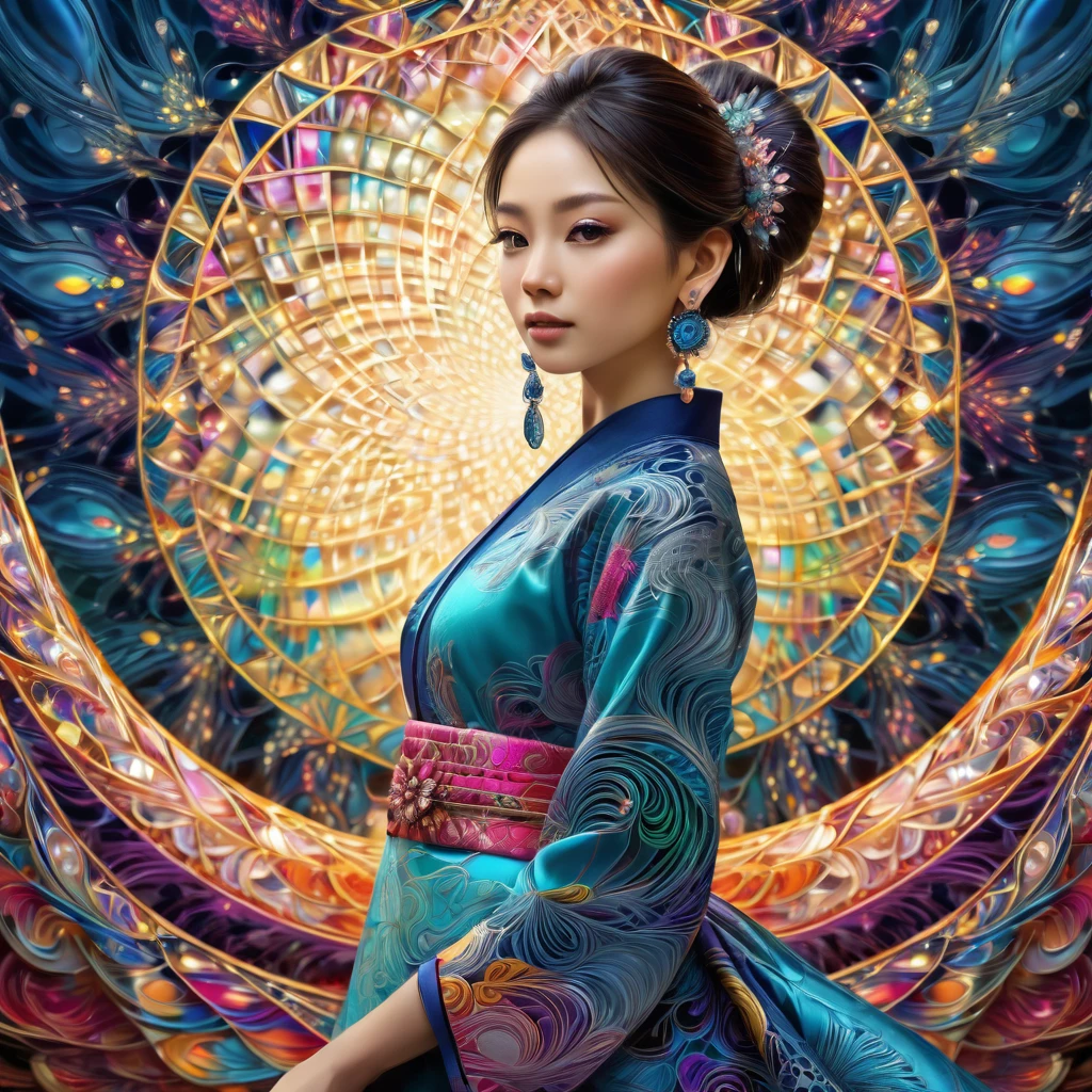 (masterpiece, top quality, best quality, official art, beautiful and aesthetic:1.2), (1girl:1.3), extremely detailed,(fractal art:1.1),(colorful:1.1),highest detailed,(zentangle:1.2), (dynamic pose), (abstract background:1.5), (japanese dress:1.2), (shiny skin), (many colors:1.4), ,(earrings:1.4),