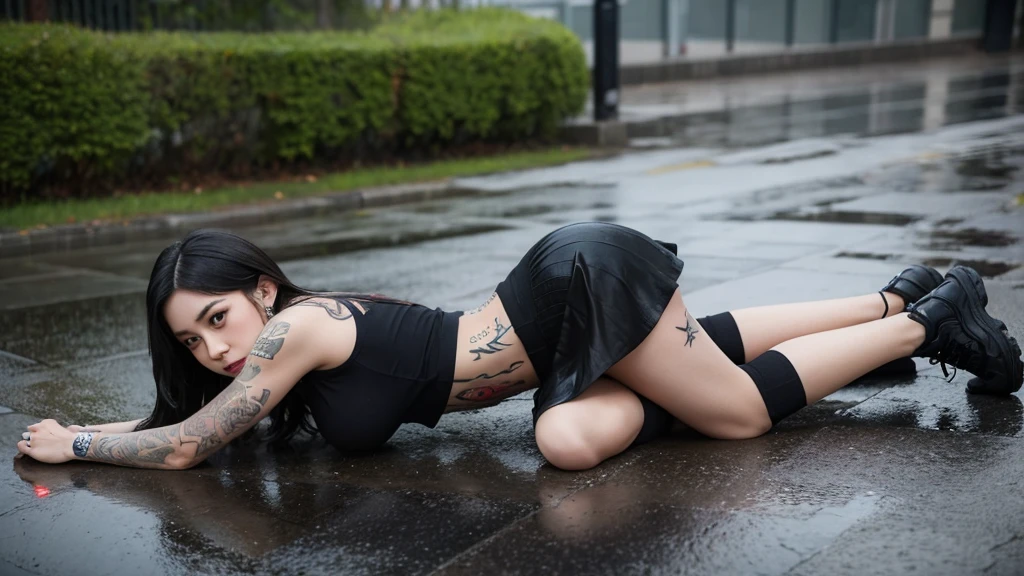 Bad girl with tattoos in short skirt lying on the ground in the rain