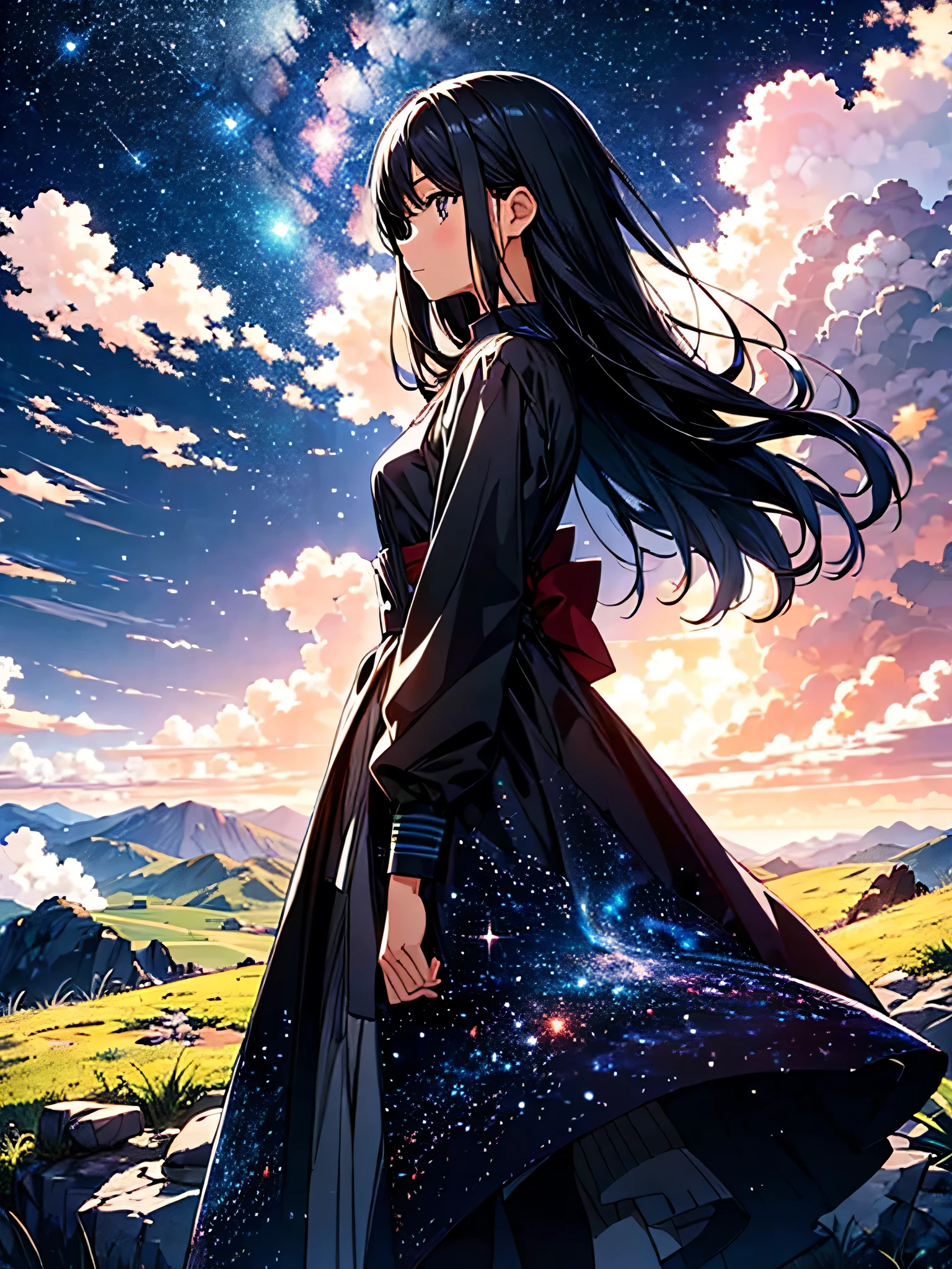 Absurd, High resolution, (Official Art, beautifully、aesthetic:1.2),One girl, (person in far distance), Bright Sky, A vast world, stare, Awe-inspiring expressions, Distant Horizon, cloud, High Hill, Natural Beauty, Inspiration, Night Sky, Shining Star
