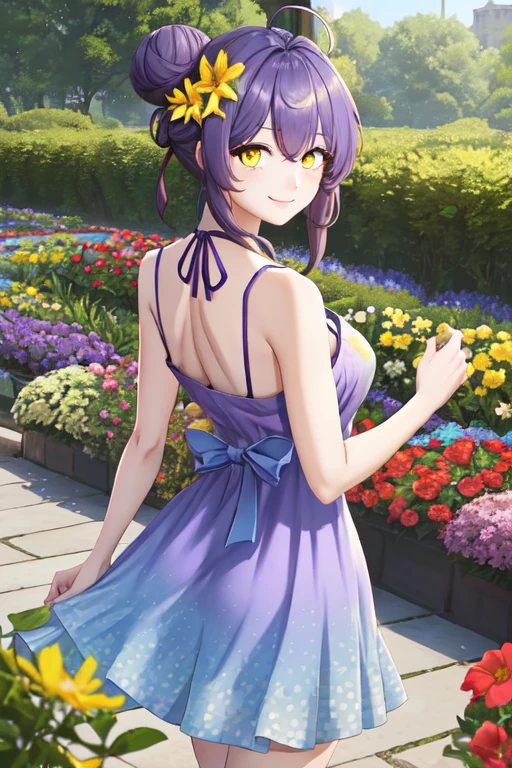 masterpiece, Highest quality, One girl, alone, Ganyutub, horn, Ahoge, hair ornaments, Hair Flowers, Neck bell, (yellow sundress:1.4), Purple eyes, From behind, Recall, View your viewers, smile, garden, Speckled sunlight, Hair Bun