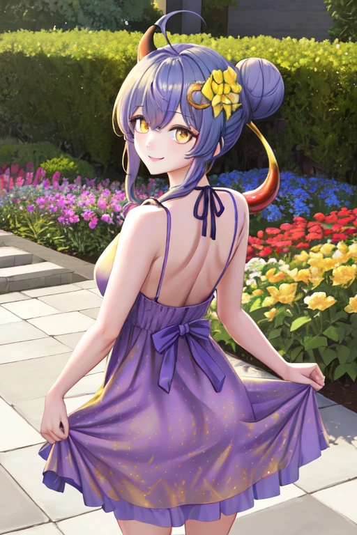 masterpiece, Highest quality, One girl, alone, Ganyutub, horn, Ahoge, hair ornaments, Hair Flowers, Neck bell, (yellow sundress:1.4), Purple eyes, From behind, Recall, View your viewers, smile, garden, Speckled sunlight, Hair Bun