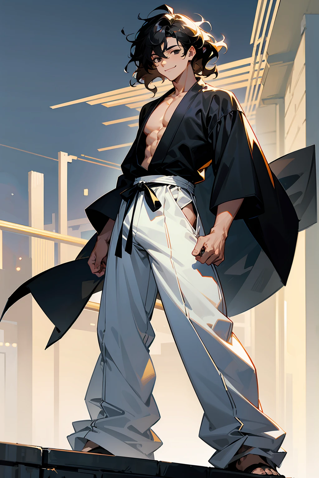 1male , Muscular , Wavy Hair , Low Cut Hair , Black Eyes , Smiling Expression , Black Baggy Shirt , Baggy white pants ,Martial Arts Clothing, Modern City Background , Standing on sidewalk , Young Male
