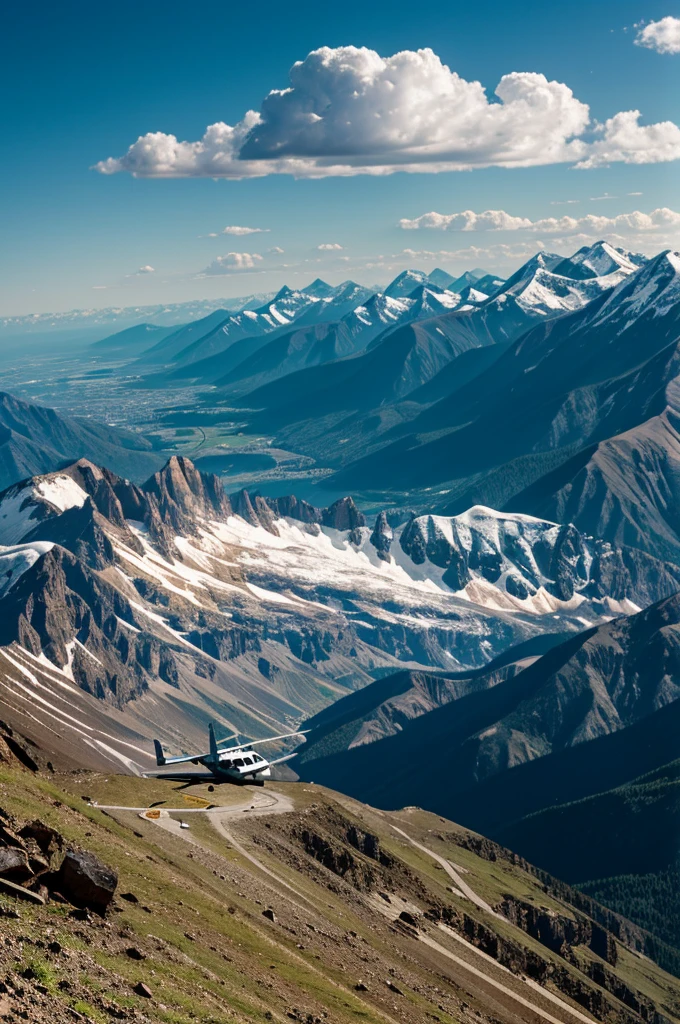 Mountain with a destroyed plane on the edge of the cliff