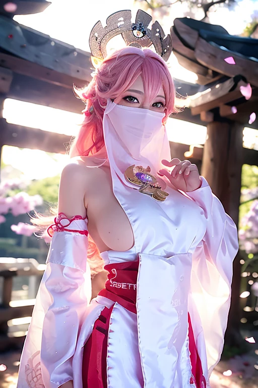 (Extreme Detail CG Unity 8K wallpaper, masterpiece, highest quality), (ulzzang-6500-v1.1:0.4) 1girl, kpop idol, yae miko, detached sleeves, pink hair, long hair, best quality, (photorealistic:1.2), (hair ornament:1.35), jewelry, wearing face veil, (white face veil, silk mask veil:1.2), purple eyes, earrings, (medium round breasts, big breasts: 1.2), torii, cherry blossoms, lantern light, depth of field, detailed face, face focus, (looking at viewer:1.25), shiny skin, long sleeves, cowboy shot, dynamic pose, game cg, thighhighs, east asian architecture, blurry background, full body, arms behind back,hands behind,