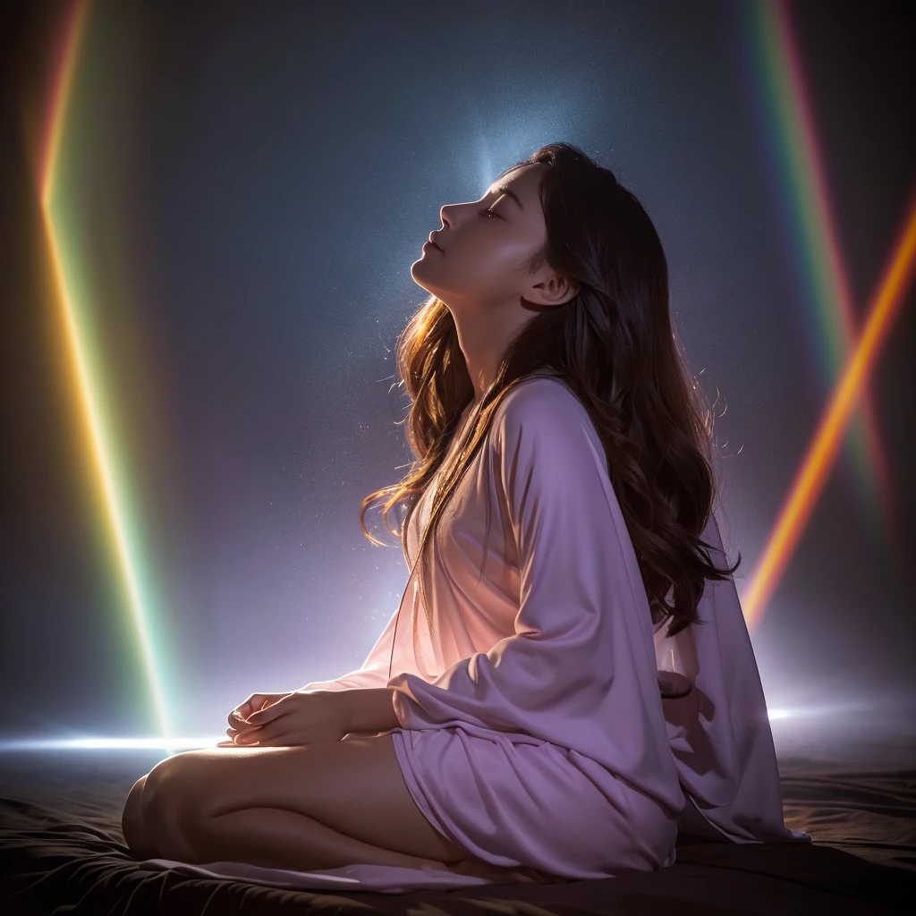 A mystical scene of a person bathed in divine light. A figure with long, wavy hair sits cross-legged in meditation, wearing a flowing purple robe. Their back is to the viewer. Above them, a brilliant, radiant light source emanates beams of golden and rainbow-hued light. The light forms a circular aura, with rays stretching down to envelop the person. The background is dark, enhancing the contrast with the luminous apparition. The overall atmosphere is one of spiritual awakening, transcendence, and connection to a higher power.
