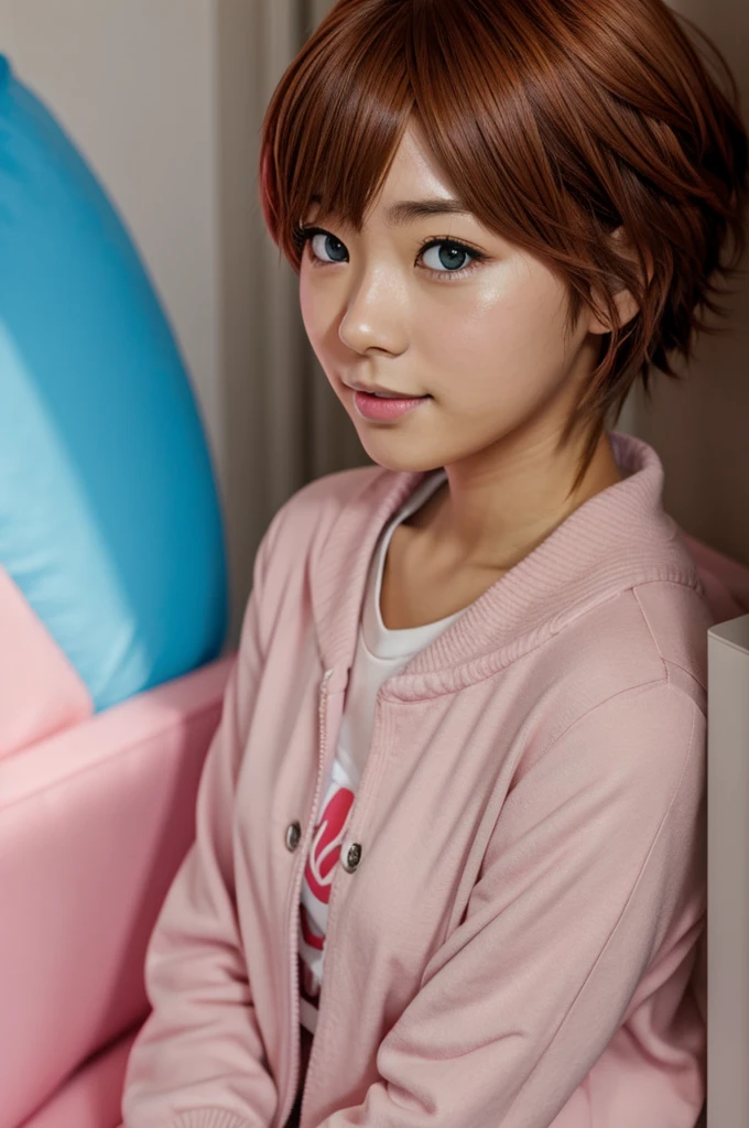 Sayori from doki doki literature club looking at the camera 