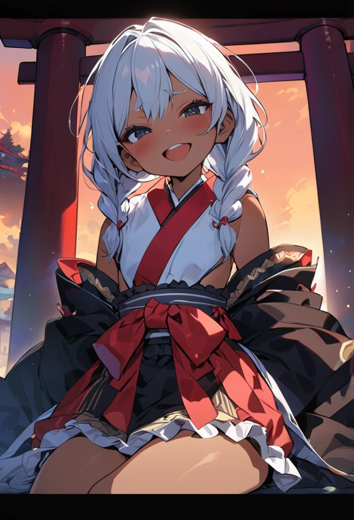 (anime style),masterpiece, best quality, extremely detailed,tanned skin Children,dark skin Beautiful body,BREAK,multicolored colorful hair,short hair,twin braids,BREAK,black eyes,happy smile,shy,eyebrow,smug,open mouth,eyes widen,sensual face,smile face,detailed lips,False eyelashes,BREAK,sitting back,cotton red big ribbon,BREAK, kimono,frilled clothing microskirt,break,head tilt,in the torii