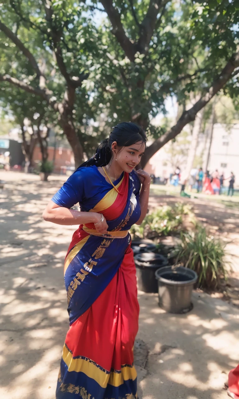 ((masterpiece, Top image quality, hight resolution、solo、、Sleeveless uniforms on land、track and field athlete、high-ponytail Hairstyle、no-good、full body Esbian、A smile、A slight smil、Tecateca skin、glowy skin))、Sweaty face、latina, puberty, full of sweat、red lipsticks、Walk along the tracks of the athletics stadium、solo、On both hands and hips、Navel is visible、((Thigh Raising Training))、((Running on the track))、(((Macho Body)))、((Uniform wet with sweat))、(((see the whole body)))