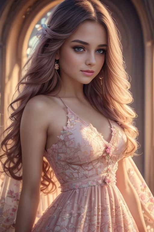 a girly girl, cute girl, 1girl, beautiful detailed eyes, beautiful detailed lips, extremely detailed eyes and face, long eyelashes, long flowing hair, adorable, pink dress, floral patterns, petals, fairy tale, fantasy, ethereal, glowing, golden hour lighting, soft lighting, pastel color palette, dreamy, whimsical, elegant, highly detailed, masterpiece, photorealistic