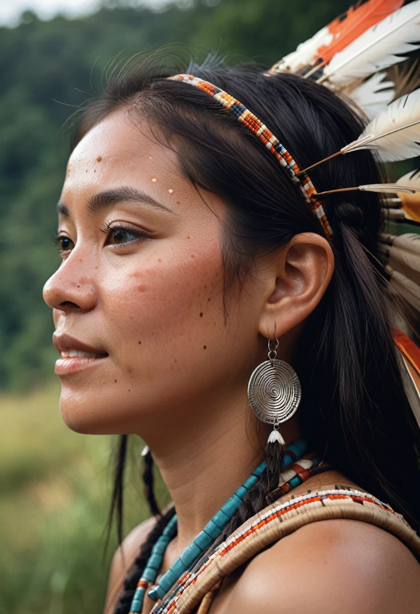 hyper-realistic photograph, woman, a slight smile, side view looking away from the camera, close-up detail, embodying the resonance and depth of indigenous culture, in the style of photorealism, I can't believe how beautiful this is, flawless skin, photorealistic, shot on a Canon A7III --no freckles --ar 1:2 --stylize 750