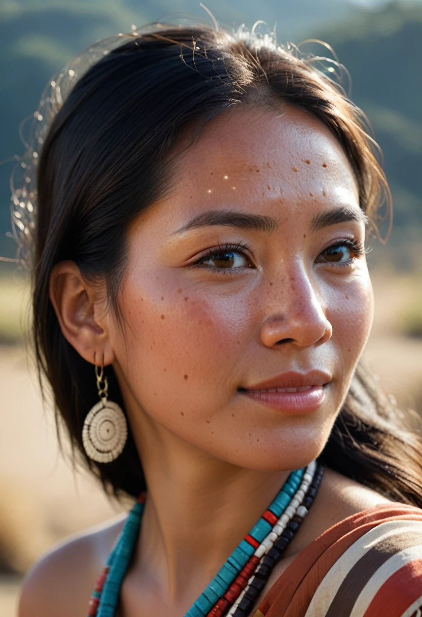 hyper-realistic photograph, woman, a slight smile, side view looking away from the camera, close-up detail, embodying the resonance and depth of indigenous culture, in the style of photorealism, I can't believe how beautiful this is, flawless skin, photorealistic, shot on a Canon A7III --no freckles --ar 1:2 --stylize 750
