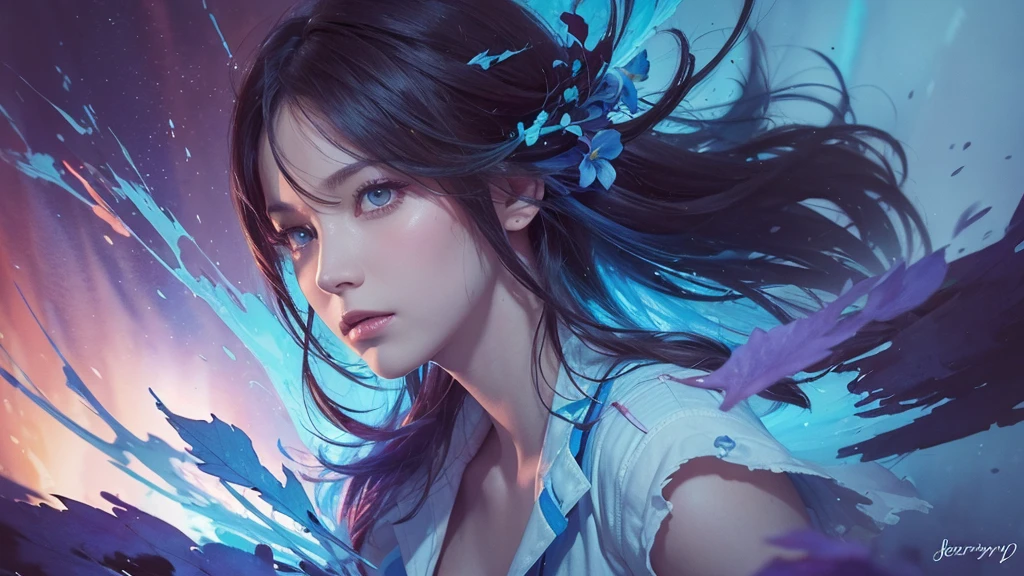 32k, Masterpiece, Highest quality, One girl, Detailed eyes, flower,gladiolus, Light blue and purple style,A dreamy, romantic piece,Pale red, Mysterious Leaves,A playful arrangement,Fantasy,High Contrast,Ink strokes,explosion,Exposure, Impression of light blue and purple tones,Abstract,((Watercolours by John Berkey and Jeremy Mann )) Brush strokes,Negative Space, Tyndall effect,