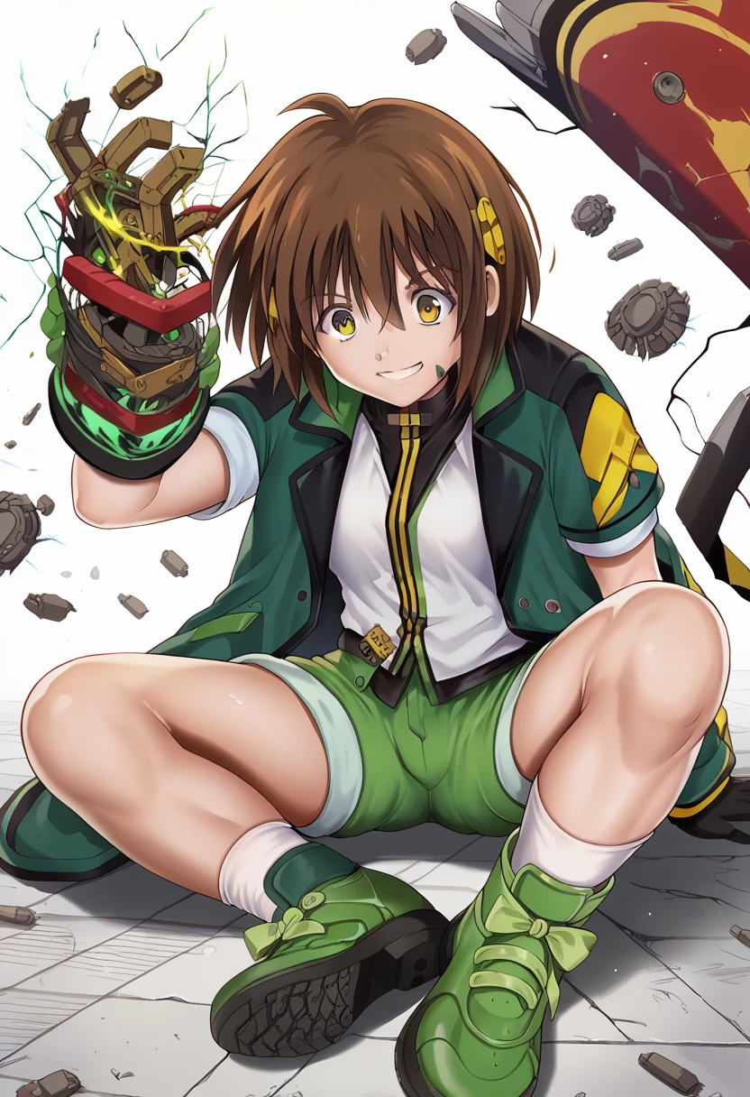 ,One girl,smile, View your viewers, masterpiece,Highest quality,Konam,green jacket, gloves, green shorts,green footwear,brown hair,(cyclone \(for once\))