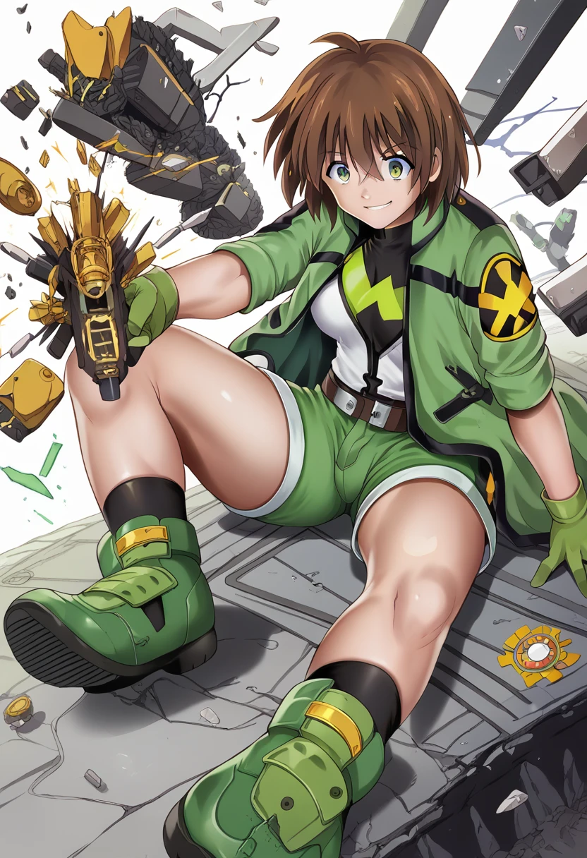 ,One girl,smile, View your viewers, masterpiece,Highest quality,Konam,green jacket, gloves, green shorts,green footwear,brown hair,(cyclone \(for once\))