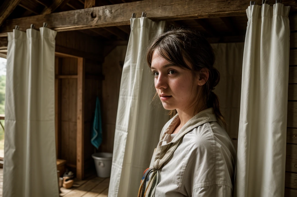 a young white female preparing to shower, young adult boy scout showering, boy scout communal campground shower, boy scout camp, no ceiling, open eye, flimsy wooden walls, hyper detailed, cinematic lighting, intricate details, photorealistic, 8k, vibrant colors, dramatic shadows, warm tones