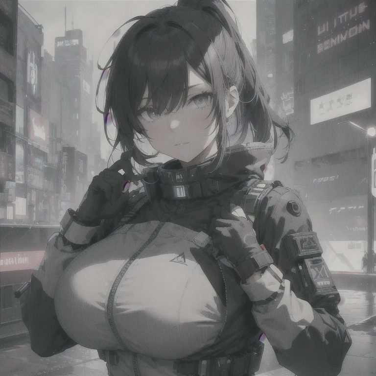 Absurd resolution, high resolution, (masterpiece: 1.4), hyper-detail, fullbody image, solo, 1 kemono feline cat woman, black hair, messy ponytail, cute face, detailed soft grey eyes, extremely large bust, huge hyper super breasts, wide full hips, narrower torso, smaller torso, full thicc soft thighs, rounded full soft butt, fullbody covering protective padding pilot utility suit, scifi padded high collar techwear jacket with triangular decals and techwear iconography, techwear gloves, wrist mounted display scifi tablet/communication device/computer, rugged tablet display mounted on MOLLE strap on top of her bust, fitted utility pants, near future scifi, cyberpunk aesthetic, anime aesthetic