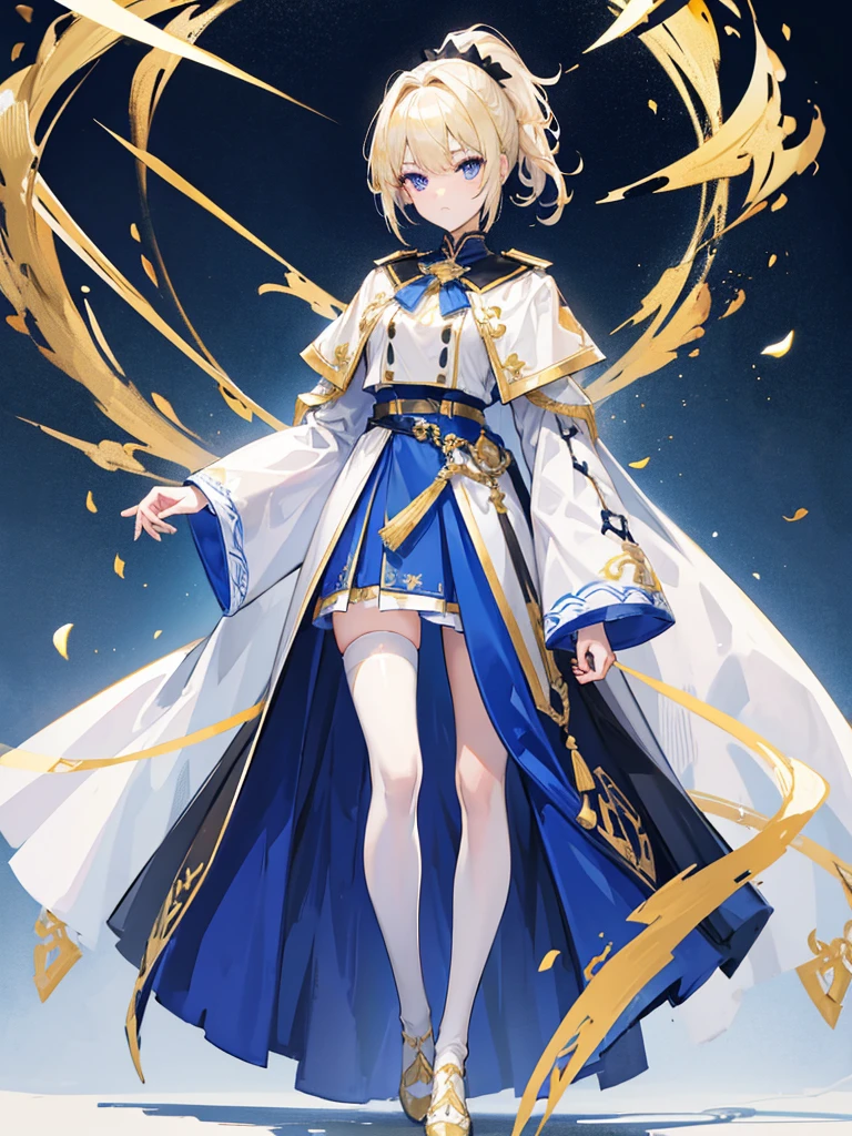 1 tall girl, blonde ponytail short hair with black ribbon hair ornament, bluish eyes, wearing a commander outfit with cloak behind, color of outfit includes white, gold and blue, with belt, white stockings with gold designs, golden white shoes, holding sword, standing in front of a military facility, absurdness, high res, ultrasharp, 8k, masterpiece, looking at viewer