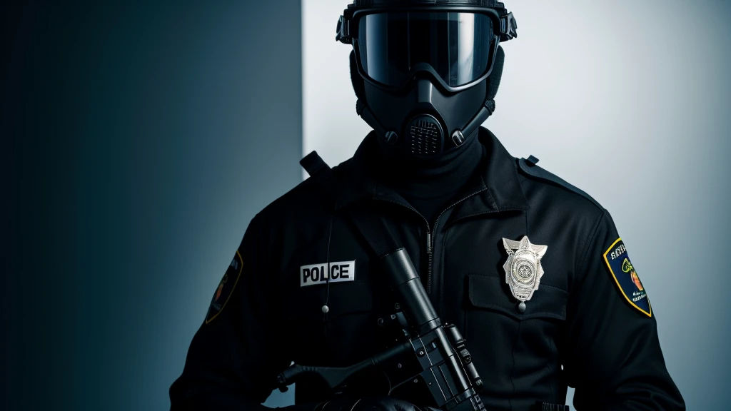 generate 8k image, of a male police officer standing to the side, wearing a black uniform, with a black helmet, goggles over his eyes, a mask covering his mouth and nose, holding a machine gun pointed down, against a completely white backdrop