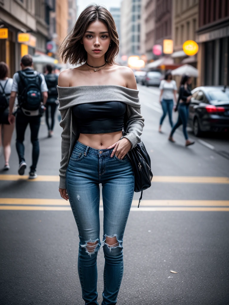 stunning cinematic photo MaddyMayQuiron woman,, realist, A woman kitesurfing in an off-the-shoulder top and skinny jeans.: Skinny pants that hug the legs and taper at the ankles.., . 35mm photography, Movie, bokeh, professional, 4k, Very detailed . awarded, professional, Very detailed