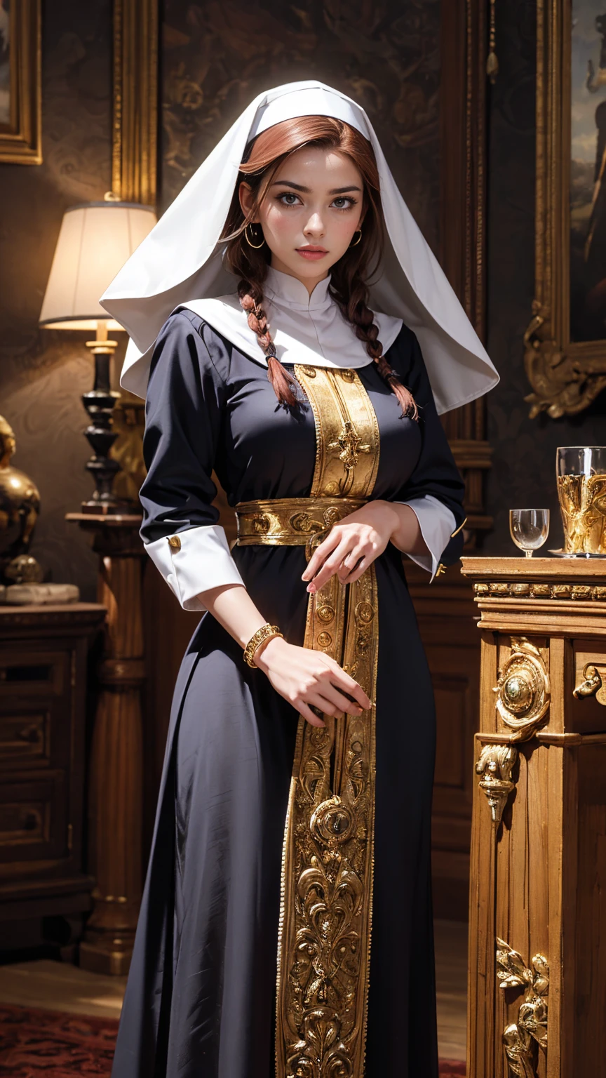 nsfw, best quality (4K, high resolution, masterpiece:1.2), ultra-detailed, realistic (photo-realistic:1.37), Sienna, the Commander of the Holy Faith, authoritative spiritual guide, portrait, ((wearing elegant warrior nun uniform with silver and gold accents signifying her high rank)), ((Perfect round and perky breasts)), (formfitting costume), wise yet piercing gaze, hazel eyes, poised stance, ((auburn hair tied back in a tight braid)), confident and commanding aura with a hint of wisdom, silver, gold, and dark color scheme, sharp focus, perfect, sacred lighting, confident, authoritative demeanor, emotive smile, powerful divine magic and spiritual energy radiating from her eyes, holy temple with a peaceful, inspiring background, tranquil yet empowering atmosphere, inspired by fantasy art and divine mythology, emphasizing her allure, wisdom, and martial prowess, meticulous attention to facial details showcasing her sharp and intelligent features, striking visual impact, expressive yet authoritative facial features, supernatural elements blended with a serene reality, (exceptionally detailed:1.3), super finely detailed and strong hands, ultra finely detailed fingers (ten fingers), suggestive, inspiring posing, full body showcase, no logos in the background.