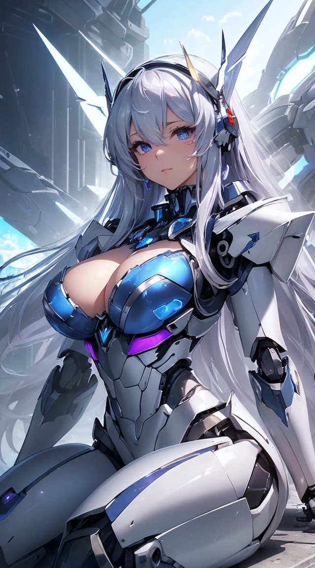 (Sit with one knee on the machine:1.6)、(Full body description:1.hining lenses on both breast、((Blue pillars of light are emanating from both chests.:1.3))、smile、((8((32k)), ((Highest quality)), ((masterpiece)), ((超A high resolution)), ((Tmasterpiece)), ((Halation:1.4))、((Mechaニカルheadgear:1.2))、((Cyber Headphones:1.3))、Fine skin, High quality fabric, Fine metal texture、((Beautiful and dense face))、RAW Photos、Professional, Ultra-fine painting, ((alone)), Beautiful breasts、Highest quVery detailed, Very detailed詳細, Finer details, so beautiful, ((Princess Knight Robot:1.2)), (Joints of machines, Mechanical Limbs:1.3), (The internal structure of the machine is exposed:1.3), (Long silver hair:1.1), (Beautiful and huge mechanical breasts)、White Veil, cowb, Side Focus, headgear, Shiny、(Five Fingers, Four fingers and thumb),Concept Art, Anime fantasy artwork, Detailed fantasy art, (with pale blue-violet hair and large white wings,,,,,,,), (((Long silver hair))), (Mecha:1.6)、Sleek and intimidating designCommander-in-Chief'arm)), (Perfect robot body)、純白と青紫armまたは, Symmetrical wings, 8K high quality, detailed art, 3D rendering of character art in 8K, neat legs, Defined, Defined fingers,