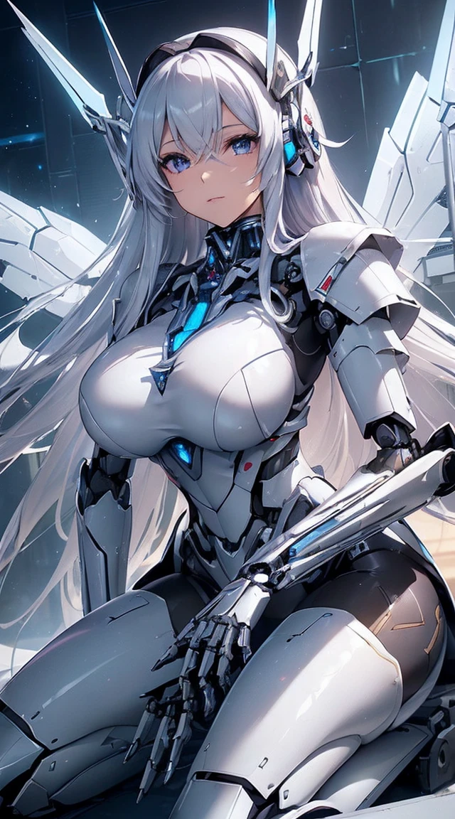 (Sit with one knee on the machine:1.6)、(Full body description:1.3)、((Shining lenses on both breasts:1.3))、((Blue pillars of light are emanating from both chests.:1.3))、smile、((8K)), ((32k)), ((Highest quality)), ((masterpiece)), ((超A high resolution)), ((Tmasterpiece)), ((Halation:1.4))、((Mechaニカルheadgear:1.2))、((Cyber Headphones:1.3))、Fine skin, High quality fabric, Fine metal texture、((Beautiful and dense face))、RAW Photos、Professional, Ultra-fine painting, ((alone)), Beautiful breasts、Highest quality, Very detailed, Very detailed詳細, Finer details, so beautiful, ((Princess Knight Robot:1.2)), (Joints of machines, Mechanical Limbs:1.3), (The internal structure of the machine is exposed:1.3), (Long silver hair:1.1), (Beautiful and huge mechanical breasts)、White Veil, cowboy_shot, Side Focus, headgear, Shiny、(Five Fingers, Four fingers and thumb),Concept Art, Anime fantasy artwork, Detailed fantasy art, (with pale blue-violet hair and large white wings,,,,,,,), (((Long silver hair))), (Mecha:1.6)、Sleek and intimidating design, ((Commander-in-Chief'arm)), (Perfect robot body)、純白と青紫armまたは, Symmetrical wings, 8K high quality, detailed art, 3D rendering of character art in 8K, neat legs, Defined, Defined fingers,