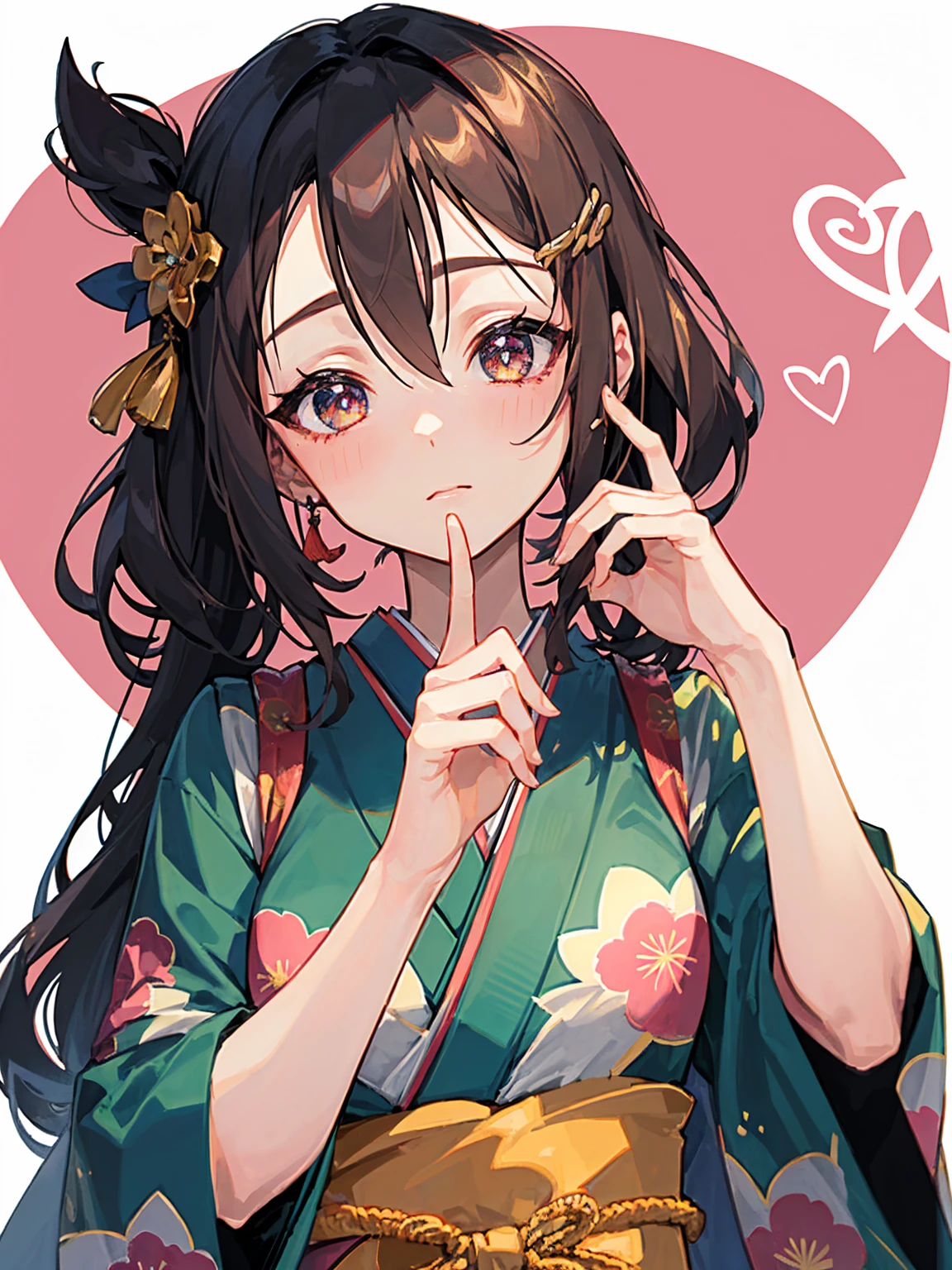 (masterpiece, best quality: 1.2), Solo, 1girl, Tainaka Ritsu, k-on, brown eyes,anime style, ((((ultra illustrated style: 1.0)))),best quality,masterpiece,1girl,((((tainaka ritsu)))), ((((k-on)))), brown eyes, brown hair, hairband, short hair, female, {{{{{{heart-shaped pupils}}}}}}, beautiful detailed kimono, japanese pattern print, floral print