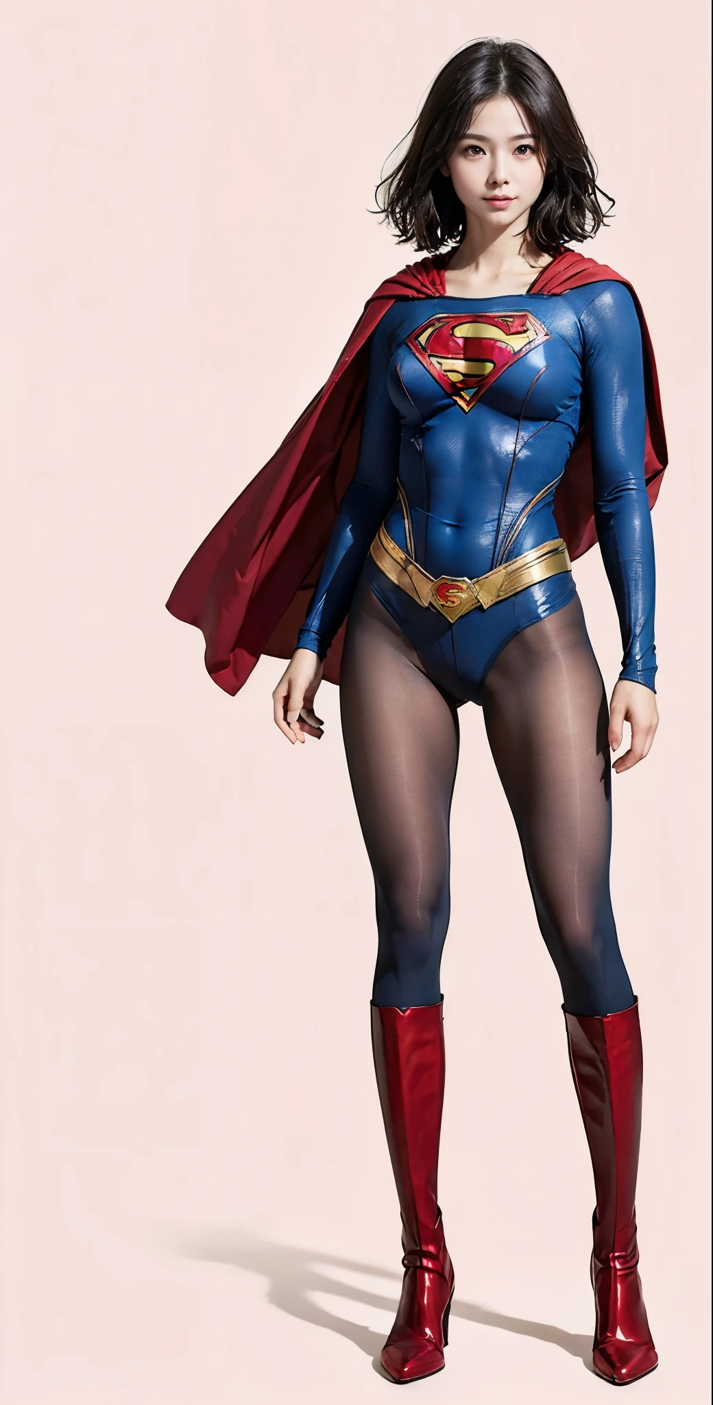 No background、(((Beautiful legs in black tights.)))、(((Legally express the beauty of your smile)))、((((Make the most of your original images)))、(((Supergirl Costume)))、(((Beautiful very short hair)))、(((suffering)))、(((Please wear black tights....、Wear red boots)))、((Best image quality、8K))、((Highest quality、8K、masterpiece:1.3))、(((Preserve background )))、Sharp focus:1.2、Beautiful woman with perfect figure:1.4、Slim Abs:1.2、Wet body:1.5、Highly detailed face and skin texture、8K