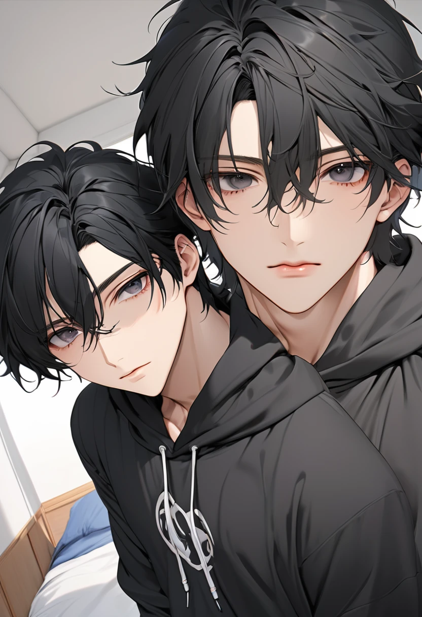 A highschool boy, handsome, perfect body, black hair, short hair, mullet black eyes, expressionless, black hoodie, anime, first-person view, masterpiece, anatomically correct, high details, highres, best quality, super detail, 1080P