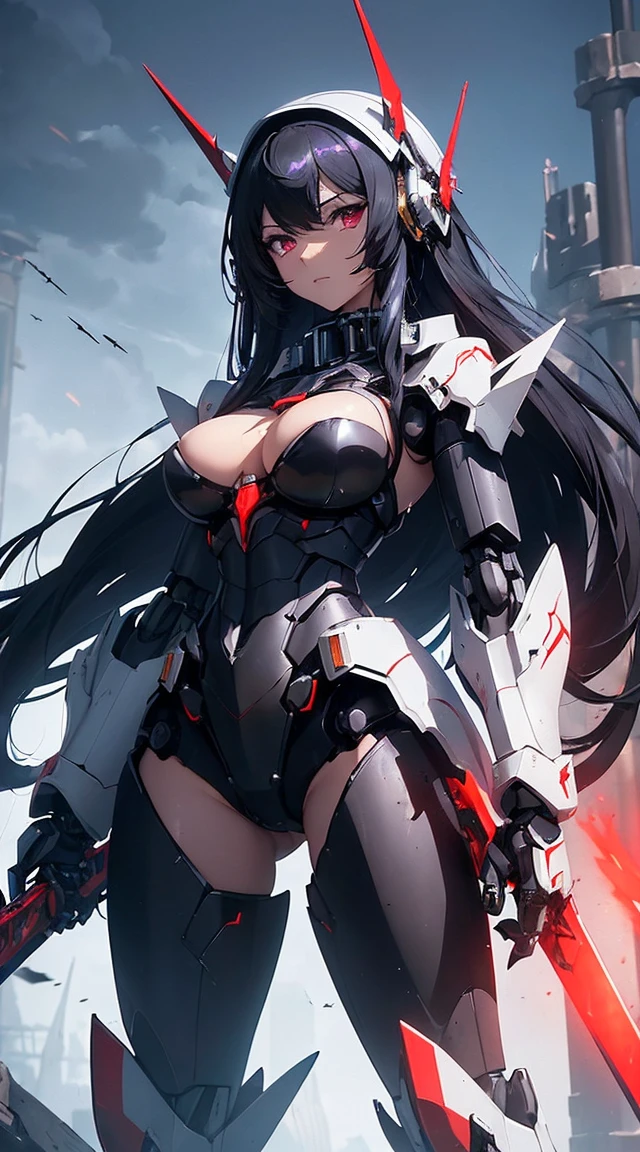 ((Shining lenses on both breasts:1.3))、((Pillars of red light radiate from both chests..:1.3))、((Attack pose:1.6))、((He has a red sword and a long rifle:1.6))、((Battle Scenes:1.8))、((8K)), ((32k)), ((Highest quality)), ((masterpiece)), ((超A high resolution)), ((Tmasterpiece)), ((Halation:1.4))、((Mechaニカルheadgear:1.2))、((Cyber Headphones:1.3))Fine skin, High quality fabric, High-quality metal texture、((Beautiful and dense face))、RAW Photos、Professional, Ultra-fine painting, ((alone)), Beautiful breasts、Highest quality, Very detailed, Very detailed詳細, Finer details, so beautiful, ((Black Knight Robot:1.2)), (Joint of the machine, Mechanical Limbs:1.3), (The internal structure of the machine is exposed:1.3), (Long black hair:1.1), (Beautiful and huge mechanical breasts)、White Veil, cowboy_shot, Side Focus, headgear, Shiny、(Five Fingers, Four fingers and thumb),Concept Art, Anime fantasy artwork, Detailed fantasy art, (Has light blue-purple hair and black wings,,,,,,), (((Long black hair))), (Mecha:1.6)、Sleek and intimidating design, (Jet black perfect robot body)、Jet black and reddish purple arms, Symmetrical wings, 8K High Resolution, Detailed Art, 3D rendering of character art in 8K, neat legs, Defined, Defined fingers,((headshot:1.6))