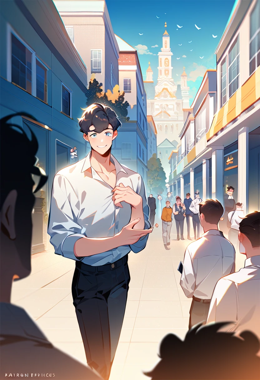 2 young men, focus man, many boys, Yaoi, pair, portable princess, bear, shirt, trousers, look elsewhere, smile, In the building, best quality, Amazing quality, The best aesthetics, nonsense