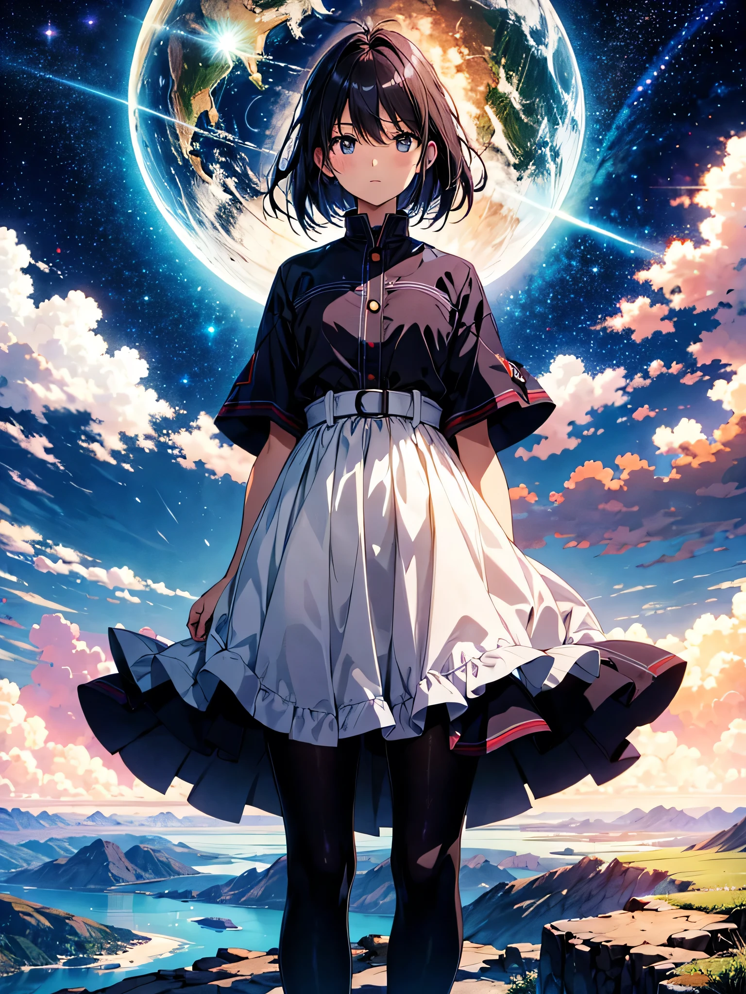 Absurd, High resolution, (Official Art, beautifully、aesthetic:1.2),One girl, (people is far away), Bright Sky, A vast world, stare, Awe-inspiring expressions, Distant Horizon, cloud, High Hill, Natural Beauty, Inspiration, Night Sky, Shining Star