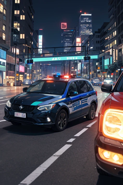 ((best quality)), ((masterpiece)), (detailed), ambulance，Police lights flashing，Driving on the streets at night