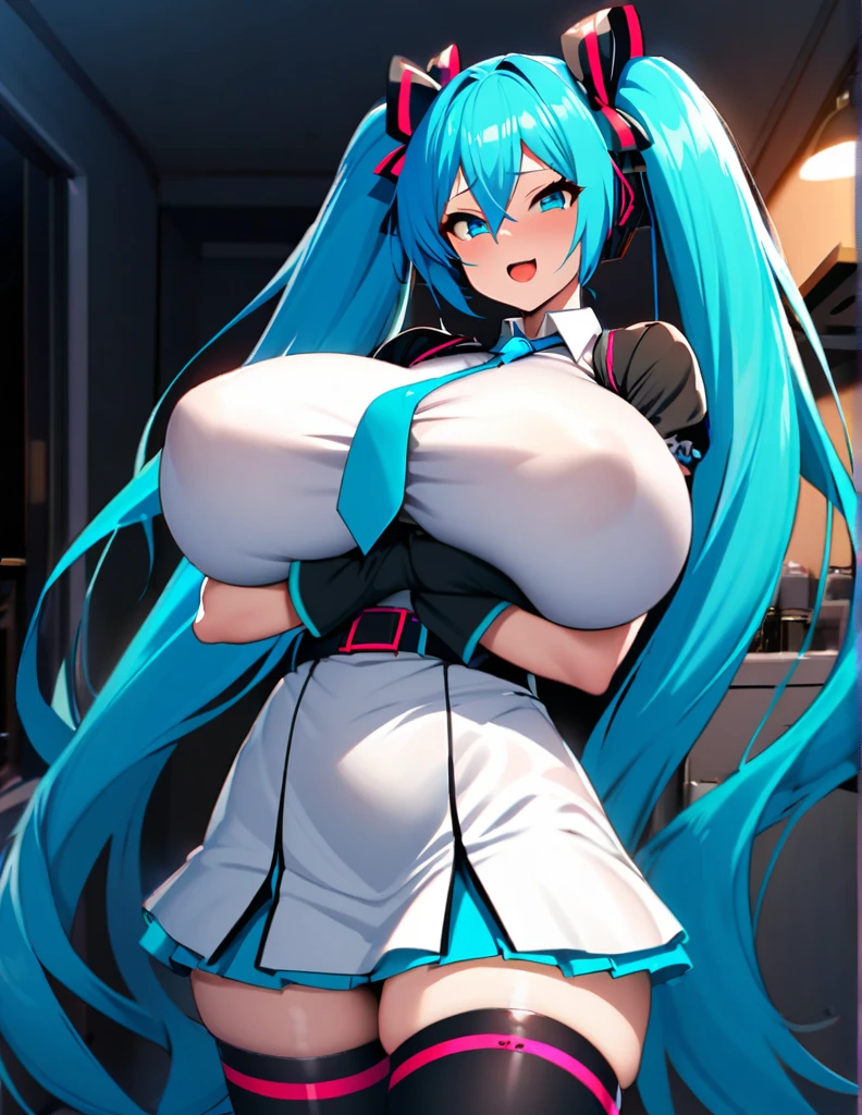 hatsune_miku, 1girl, solo, long hair, looking at viewer, smile,gigantic huge breasts, open mouth, bangs, blue eyes,house background, darkened room,thigh highs, gloves, dress, bow, ribbon,twintails, very long hair, blue hair, hair bow, belt, tie,pulls her chest in with her arms,very near,lascivious,Females in heat,lecherous look,SFW,Blowjob Gestures