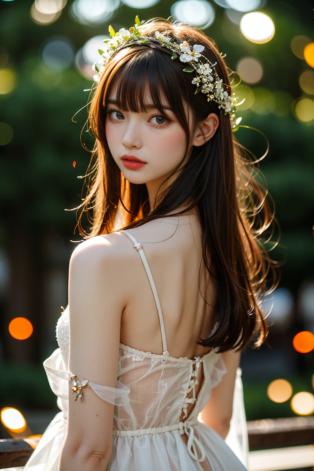 Minimalist female fairy. She is a beautiful young Russian beauty, with a flower crown on her head. There are fireflies around her. The wings glow. Bright atmosphere. darkness. (Bokeh: 1.8).