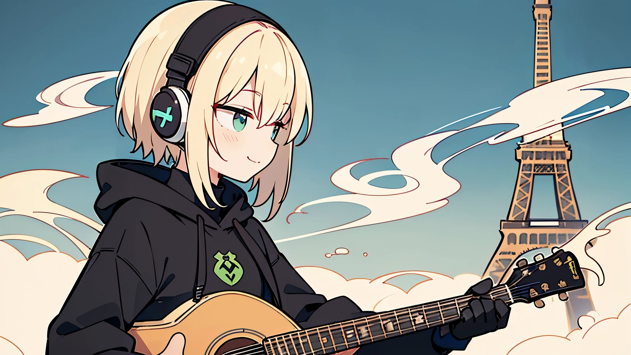((highest quality)), ((masterpiece)), (be familiar with), (Playing guitar at the Eiffel Tower)short hair、perfect face,white half-up hair,green mesh blonde、Smoke a cigarette、cool black hoodie,headphones,black gloves,turtleneck,alone,İcon、profile、Right beside、Expressionless、smile、Light-colored clothing