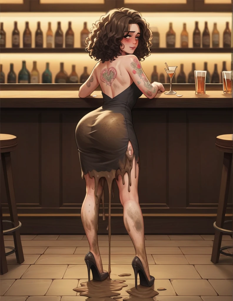 1girl, pretty face, cute eyes, fit body, brown curly hair, many tattoos, short black dress, black heels, drunk facial espressions, both hands on ass, in a bar, at night, dirty dress, dirty floor, dirty clothes, (((make the whole image filthy and dirty))), (((mud overflowing from dress))), stinky atmosphere, filthy atmosphere, mud on dress, disgusting bar, too much mud on dress, (((extreme amount of mud dripping from ass)), too much mud on ass,