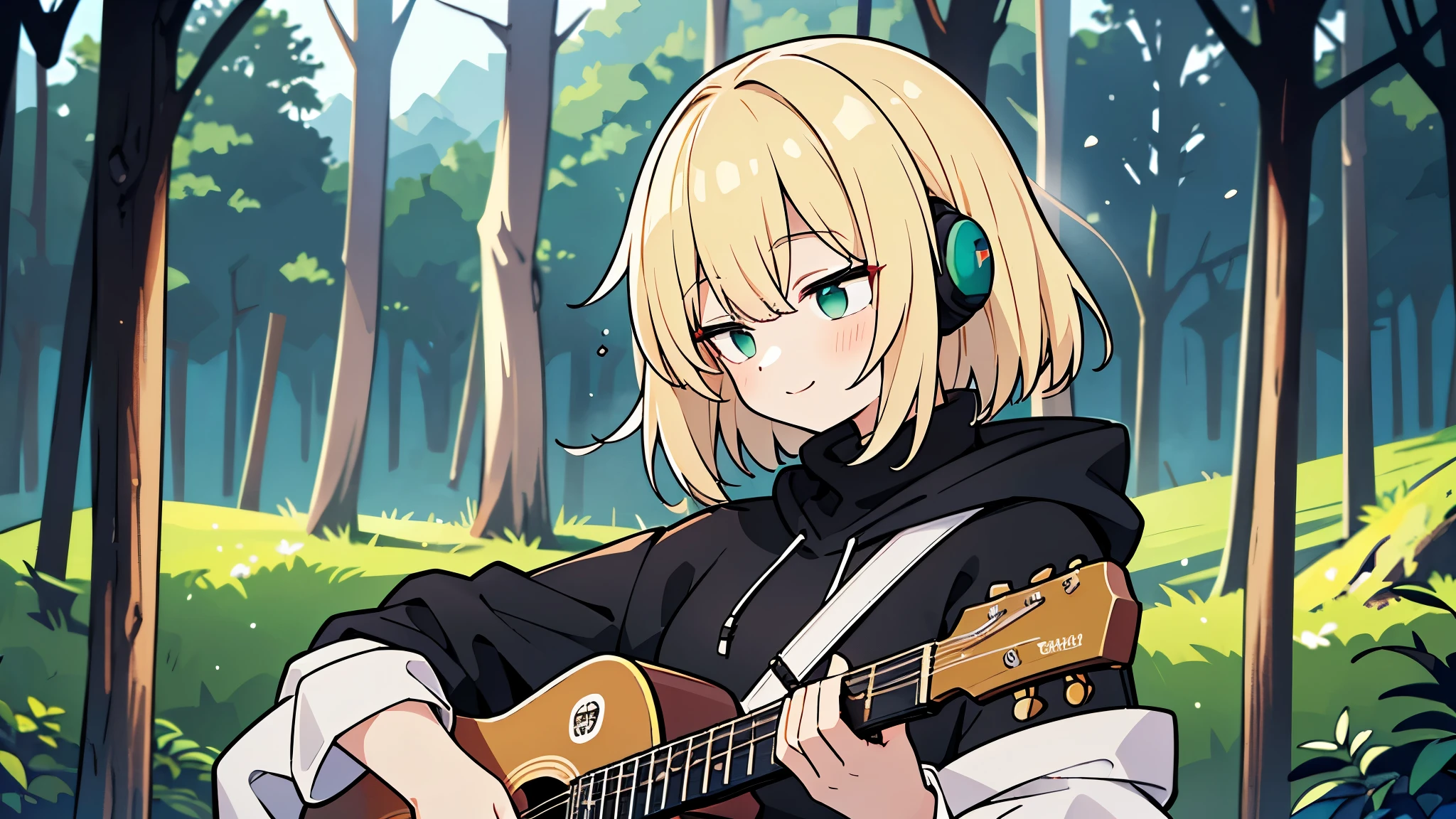 ((highest quality)), ((masterpiece)), (be familiar with), (Playing guitar in the woods)short hair、perfect face,white half-up hair,green mesh blonde、Smoke a cigarette、cool black hoodie,headphones,black gloves,turtleneck,alone,İcon、profile、Right beside、Expressionless、smile、Light-colored clothing