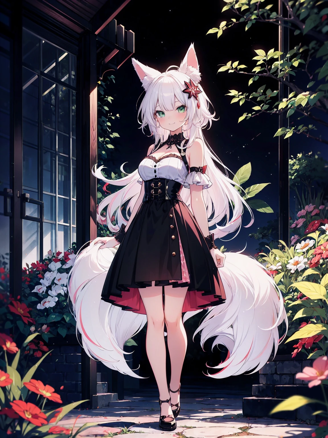 (full-body shot), (colorful:1.1), glowing, (ultra-high resolution, depth of field:1.2), (Tingyun), (Honkai Star Rail:1.1), solo, fox ears, four fox tails, fluffy tails, green eyes, red underliner, (white hair), long white hair with a hint of pink, medium breasts, (long black dress with a waist cincher), crossed collar shirt, cleavage, bare legs, grinning, garden scenery