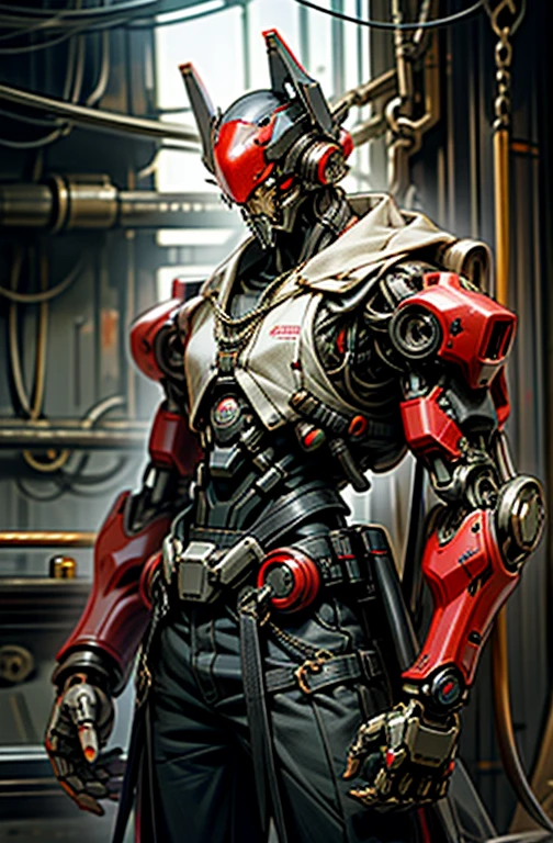 Dark_Fantasy,Cyberpunk,(chain saw,chain saw man,Red:1.1),1man,Mechanical marvel,Robotic presence,Cybernetic guardian,