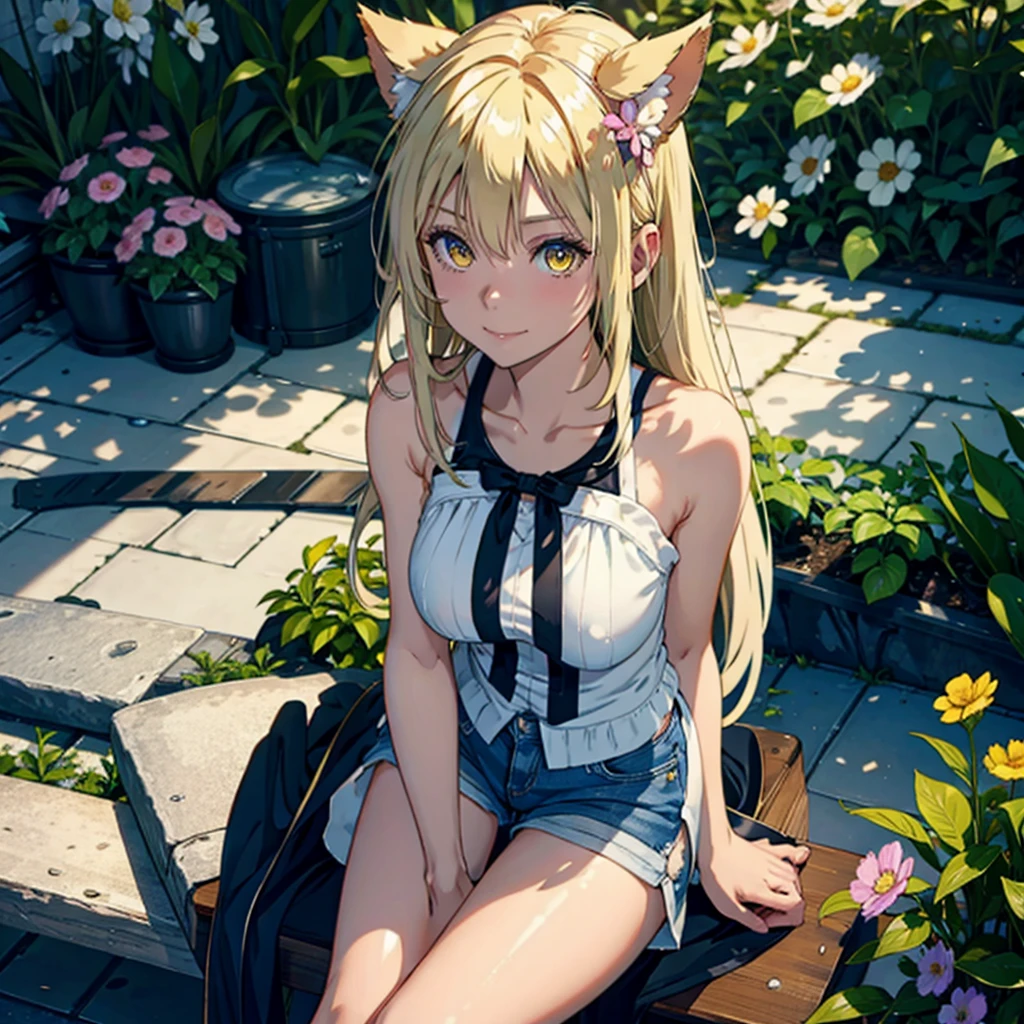 A girl with dog ears and tail, honey yellow eyes, wide, White hair, whole body, denim shorts, Translucent blouse, beautiful body, face (detailed), detailed skin, from the front looking up sitting on a bench around an interior garden with plenty of flowers and plants, fondo detailed, The best quality, 8k, Masterpiece, smiling, ojos detaileds, 