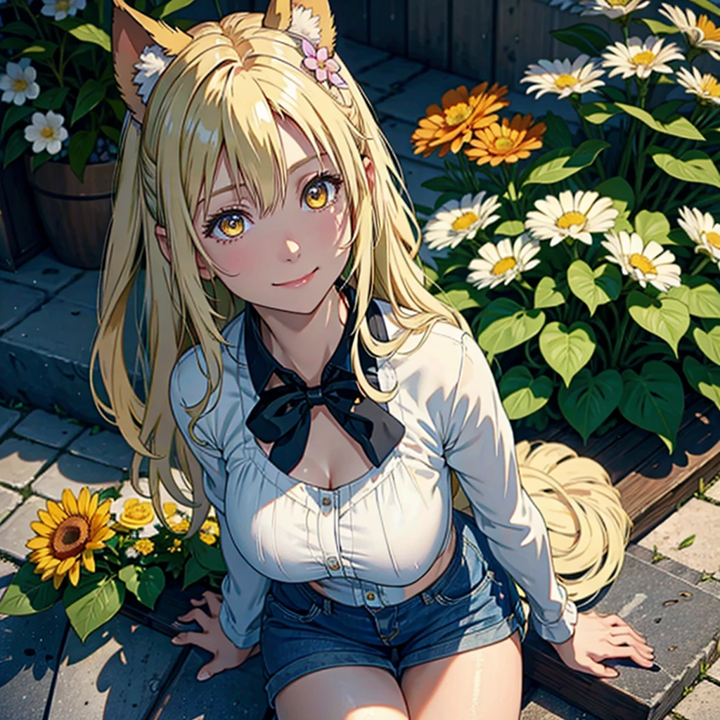 A girl with dog ears and tail, honey yellow eyes, wide, White hair, whole body, denim shorts, Translucent blouse, beautiful body, face (detailed), detailed skin, from the front looking up sitting on a bench around an interior garden with plenty of flowers and plants, fondo detailed, The best quality, 8k, Masterpiece, smiling, ojos detaileds, 