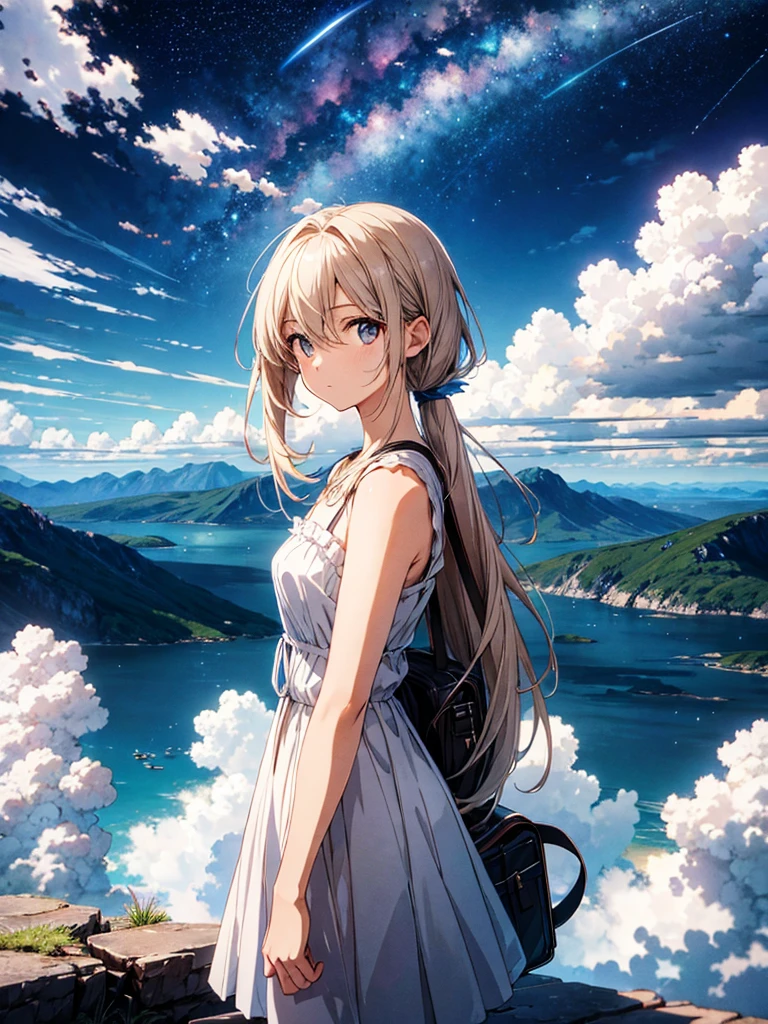 Absurd, High resolution, (Official Art, beautifully、aesthetic:1.2),One girl, (person far away), Bright Sky, A vast world, stare, Awe-inspiring expressions, Distant Horizon, cloud, High Hill, Natural Beauty, Inspiration, Night Sky, Shining Star